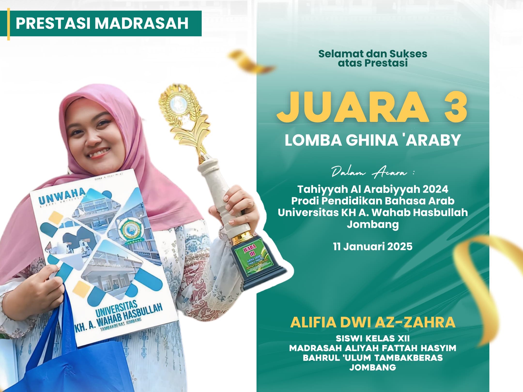 Alifia Dwi Az-Zahra Raih Juara 3 dalam Lomba Ghina ‘Araby di UNWAHA Jombang